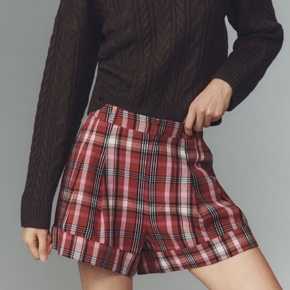 Maeve Pleated Plaid High Waist Shorts Womens Size 14 Preppy Academic Grunge NEW